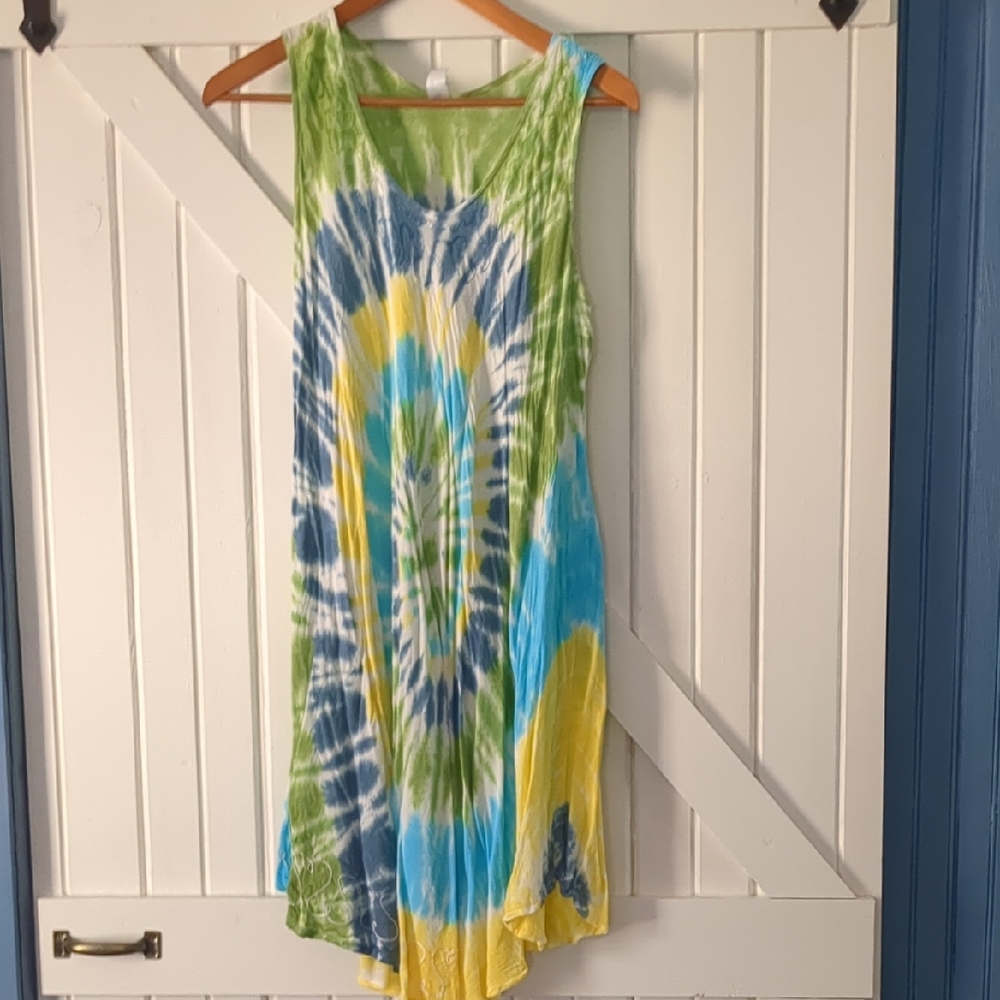 India Boutique Tie-Dye Sleeveless Maxi Dress in Green, Blue & Yellow
